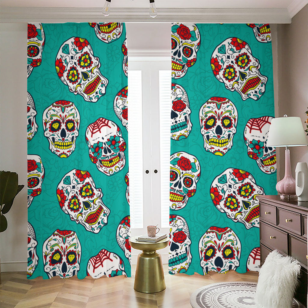 Teal Sugar Skull Pattern Print Blackout Pencil Pleat Curtains