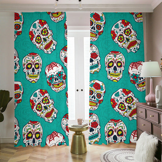 Teal Sugar Skull Pattern Print Blackout Pencil Pleat Curtains