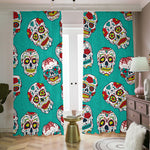 Teal Sugar Skull Pattern Print Blackout Pencil Pleat Curtains