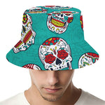 Teal Sugar Skull Pattern Print Bucket Hat