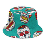 Teal Sugar Skull Pattern Print Bucket Hat
