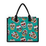 Teal Sugar Skull Pattern Print Canvas Tote Bag
