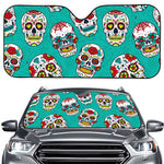 Teal Sugar Skull Pattern Print Car Windshield Sun Shade