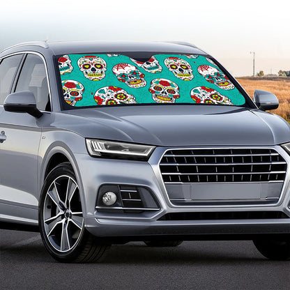 Teal Sugar Skull Pattern Print Car Windshield Sun Shade