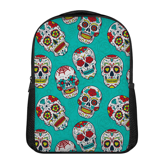Teal Sugar Skull Pattern Print Casual Backpack