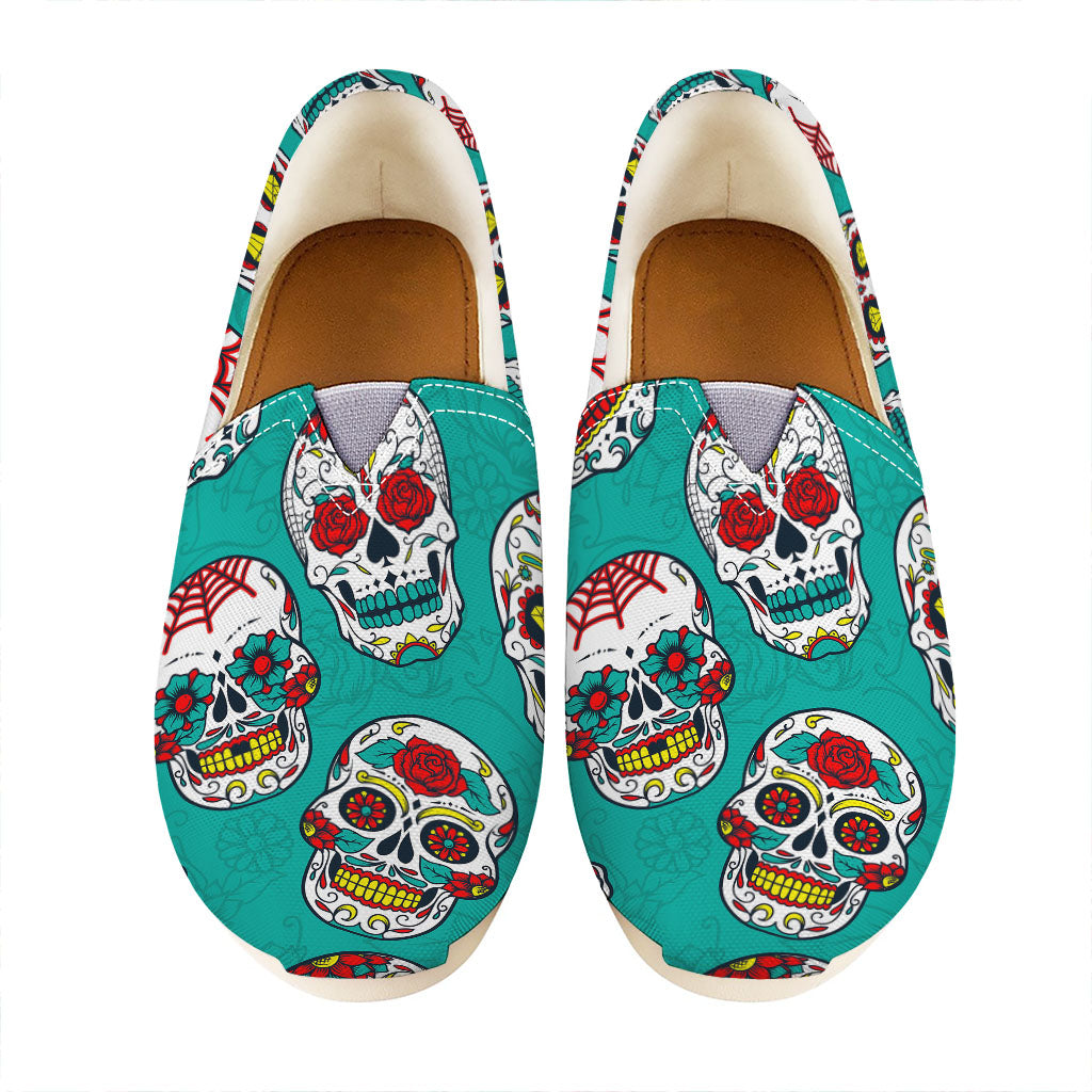 Teal Sugar Skull Pattern Print Casual Shoes
