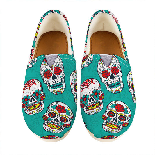 Teal Sugar Skull Pattern Print Casual Shoes