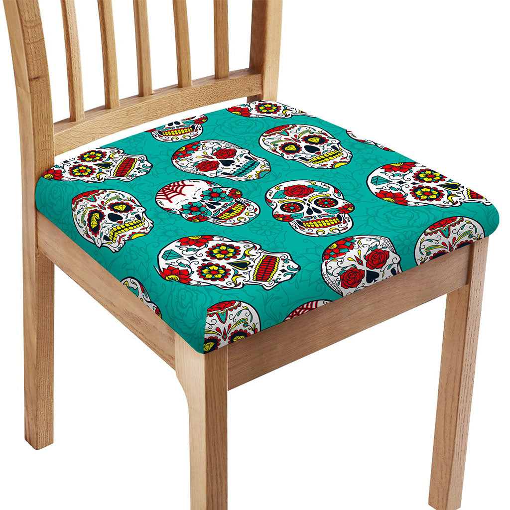 Teal Sugar Skull Pattern Print Chair Cushion Cover