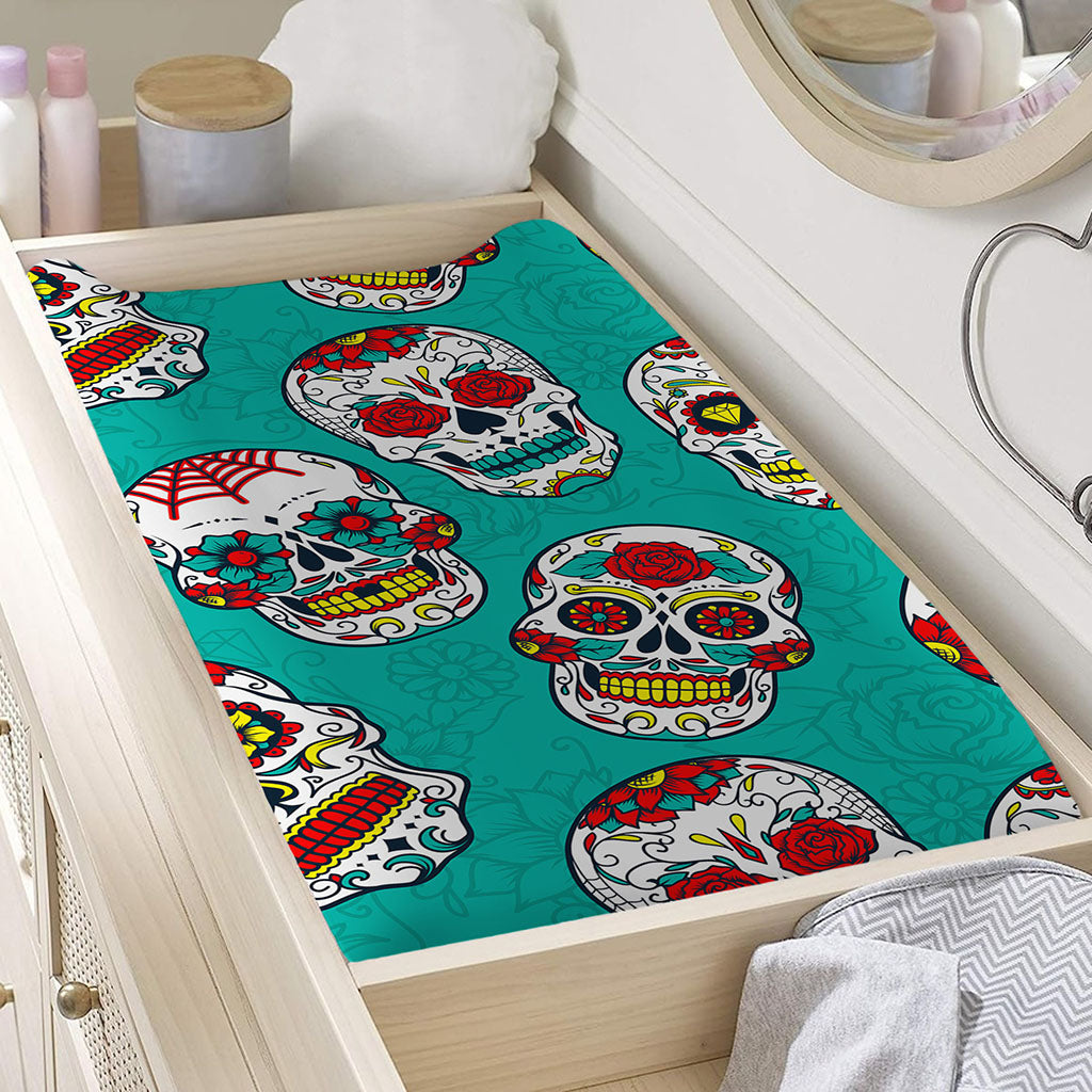 Teal Sugar Skull Pattern Print Changing Pad Cover