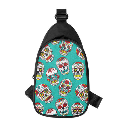 Teal Sugar Skull Pattern Print Chest Bag