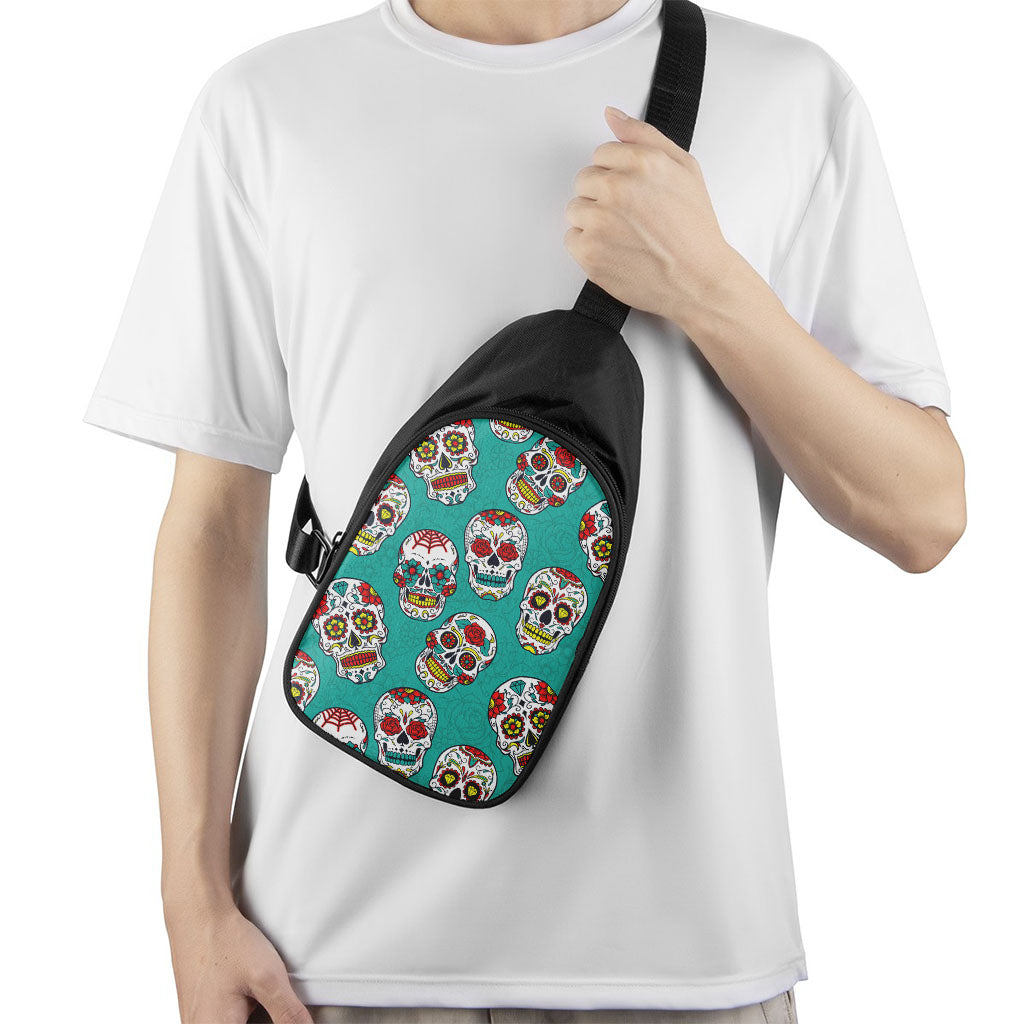 Teal Sugar Skull Pattern Print Chest Bag