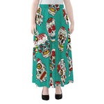 Teal Sugar Skull Pattern Print Chiffon Maxi Skirt