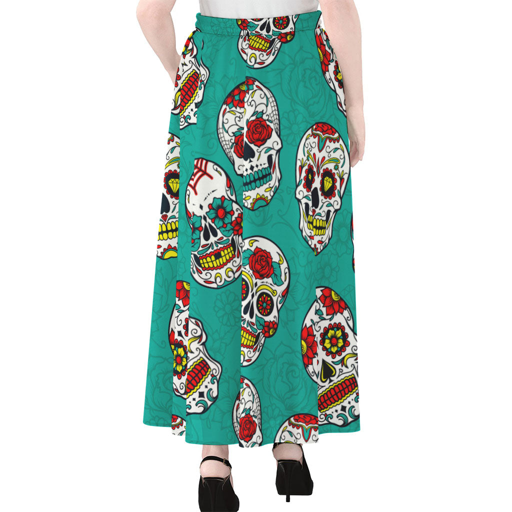 Teal Sugar Skull Pattern Print Chiffon Maxi Skirt