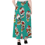 Teal Sugar Skull Pattern Print Chiffon Maxi Skirt