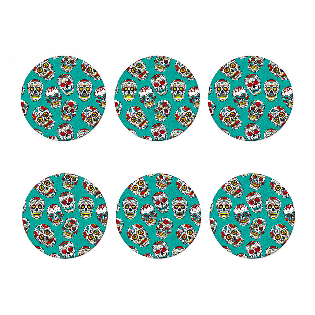 Teal Sugar Skull Pattern Print Coaster Set