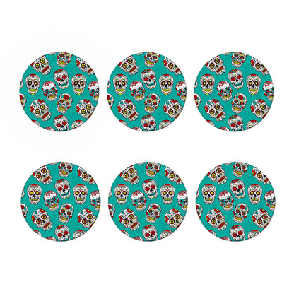 Teal Sugar Skull Pattern Print Coaster Set