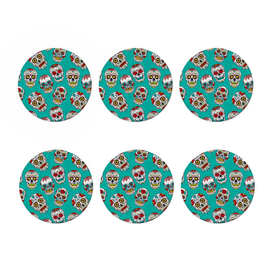 Teal Sugar Skull Pattern Print Coaster Set