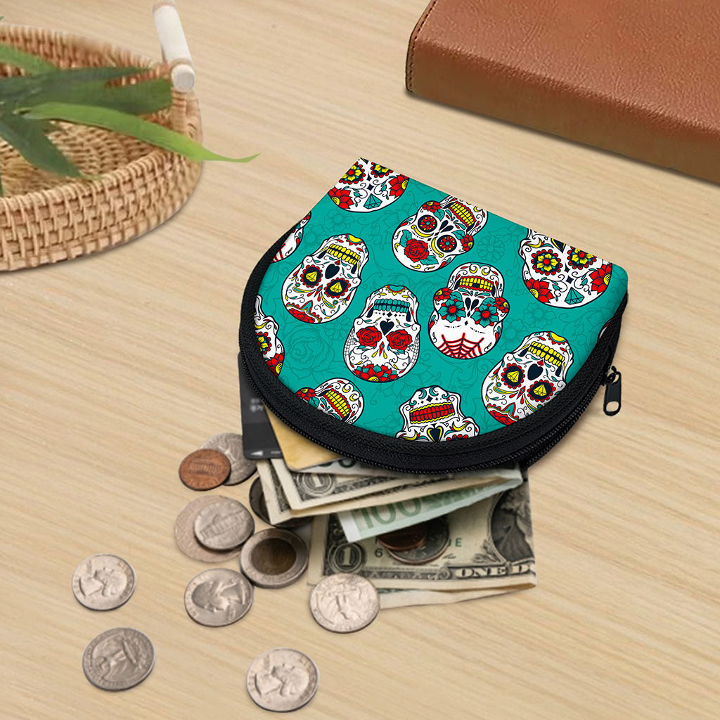 Teal Sugar Skull Pattern Print Coin Purse