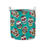 Teal Sugar Skull Pattern Print Collapsible Laundry Basket