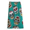 Teal Sugar Skull Pattern Print Cotton Front Slit Maxi Skirt