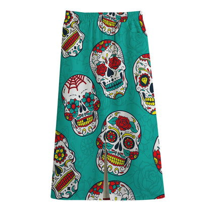 Teal Sugar Skull Pattern Print Cotton Front Slit Maxi Skirt