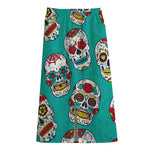 Teal Sugar Skull Pattern Print Cotton Front Slit Maxi Skirt