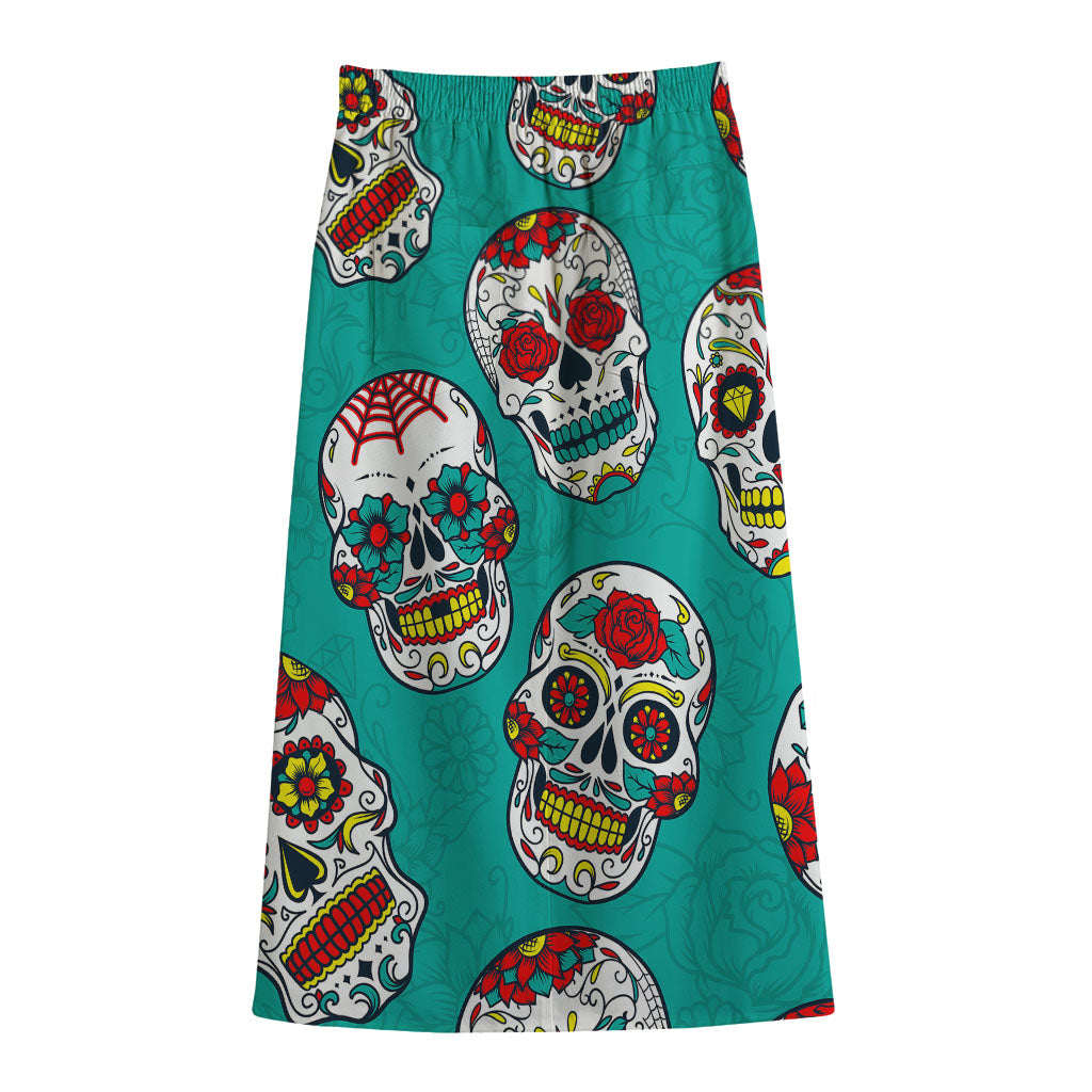 Teal Sugar Skull Pattern Print Cotton Front Slit Maxi Skirt