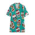 Teal Sugar Skull Pattern Print Cotton Hawaiian Shirt