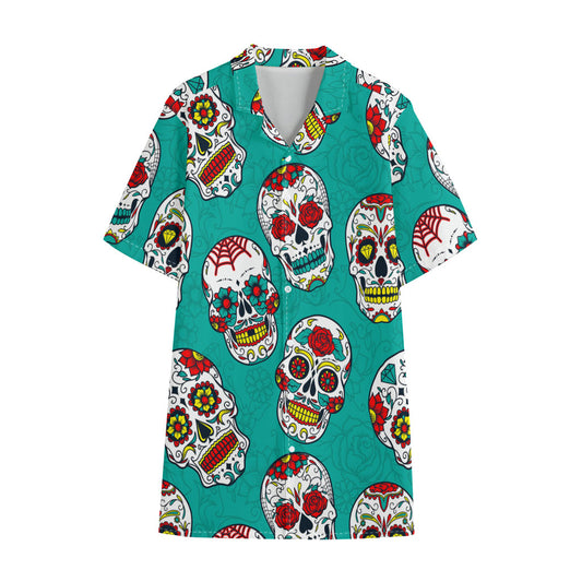 Teal Sugar Skull Pattern Print Cotton Hawaiian Shirt