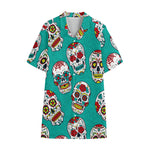 Teal Sugar Skull Pattern Print Cotton Hawaiian Shirt