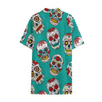 Teal Sugar Skull Pattern Print Cotton Hawaiian Shirt