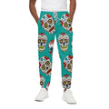 Teal Sugar Skull Pattern Print Cotton Sweatpants