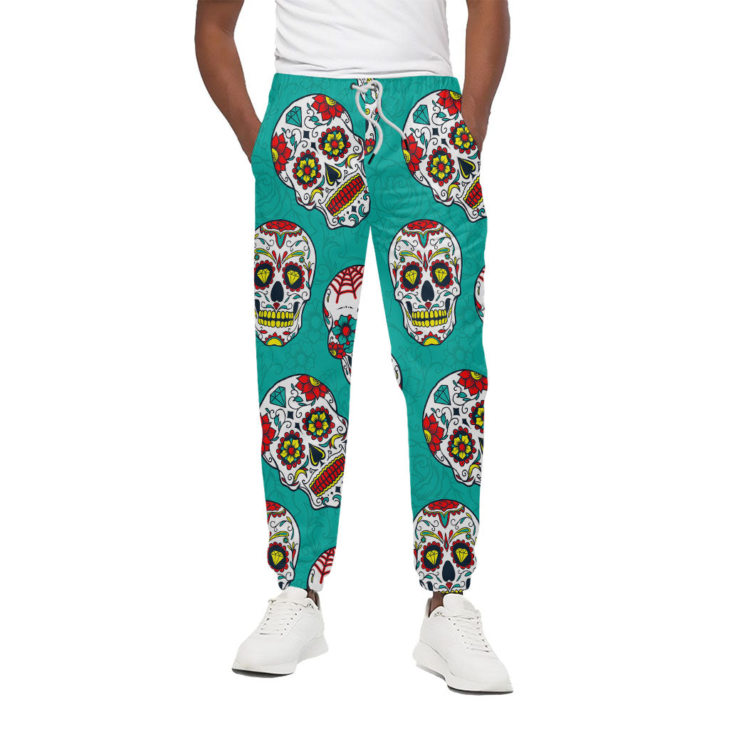 Teal Sugar Skull Pattern Print Cotton Pants