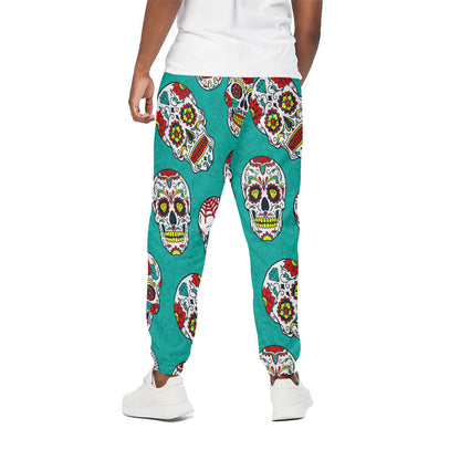 Teal Sugar Skull Pattern Print Cotton Pants