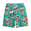 Teal Sugar Skull Pattern Print Cotton Shorts