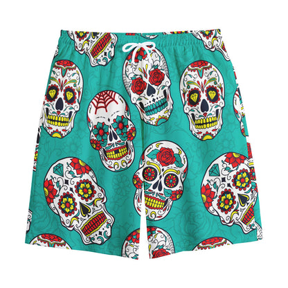 Teal Sugar Skull Pattern Print Cotton Shorts
