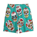Teal Sugar Skull Pattern Print Cotton Shorts