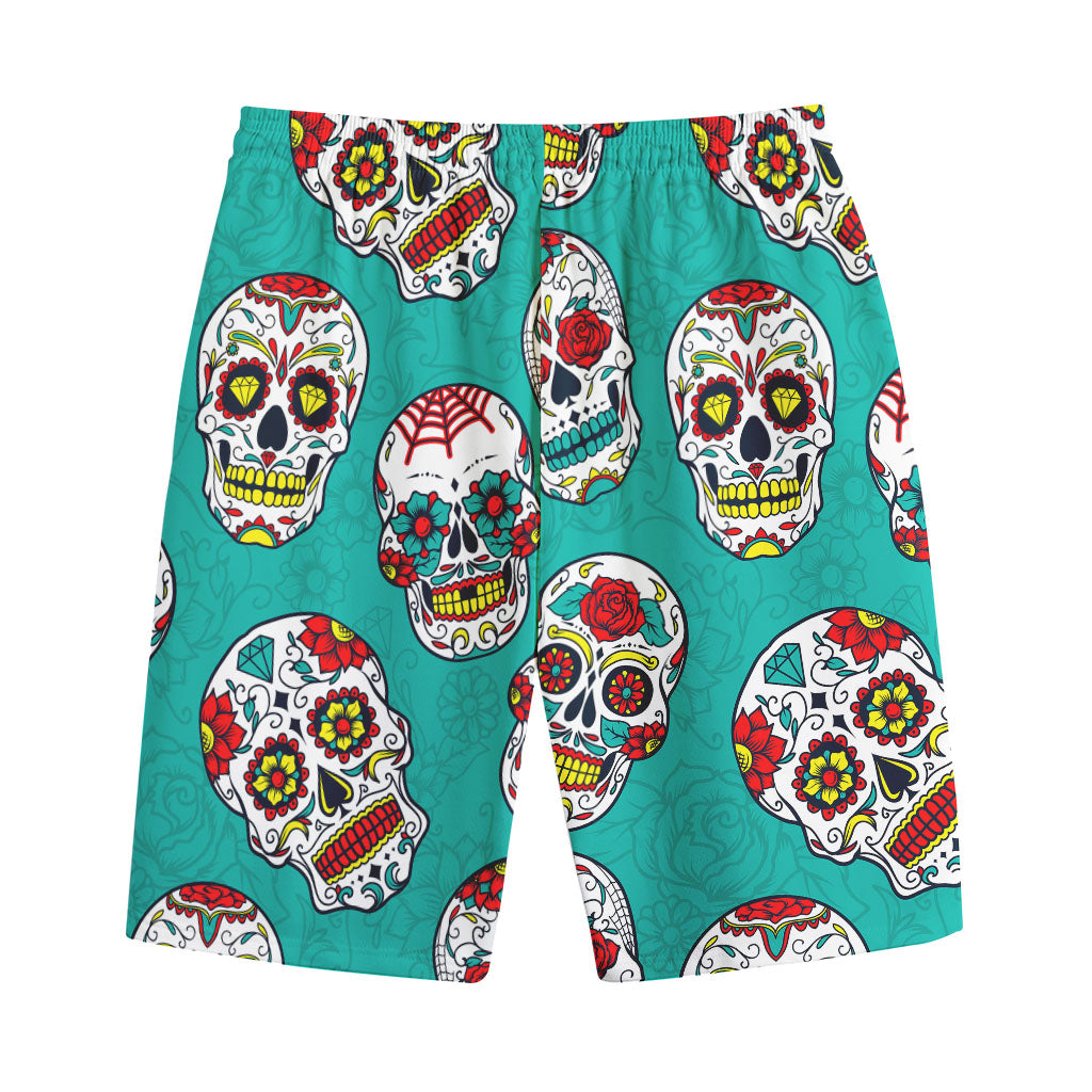 Teal Sugar Skull Pattern Print Cotton Shorts