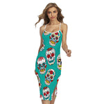 Teal Sugar Skull Pattern Print Cross Back Cami Dress