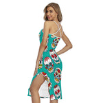 Teal Sugar Skull Pattern Print Cross Back Cami Dress