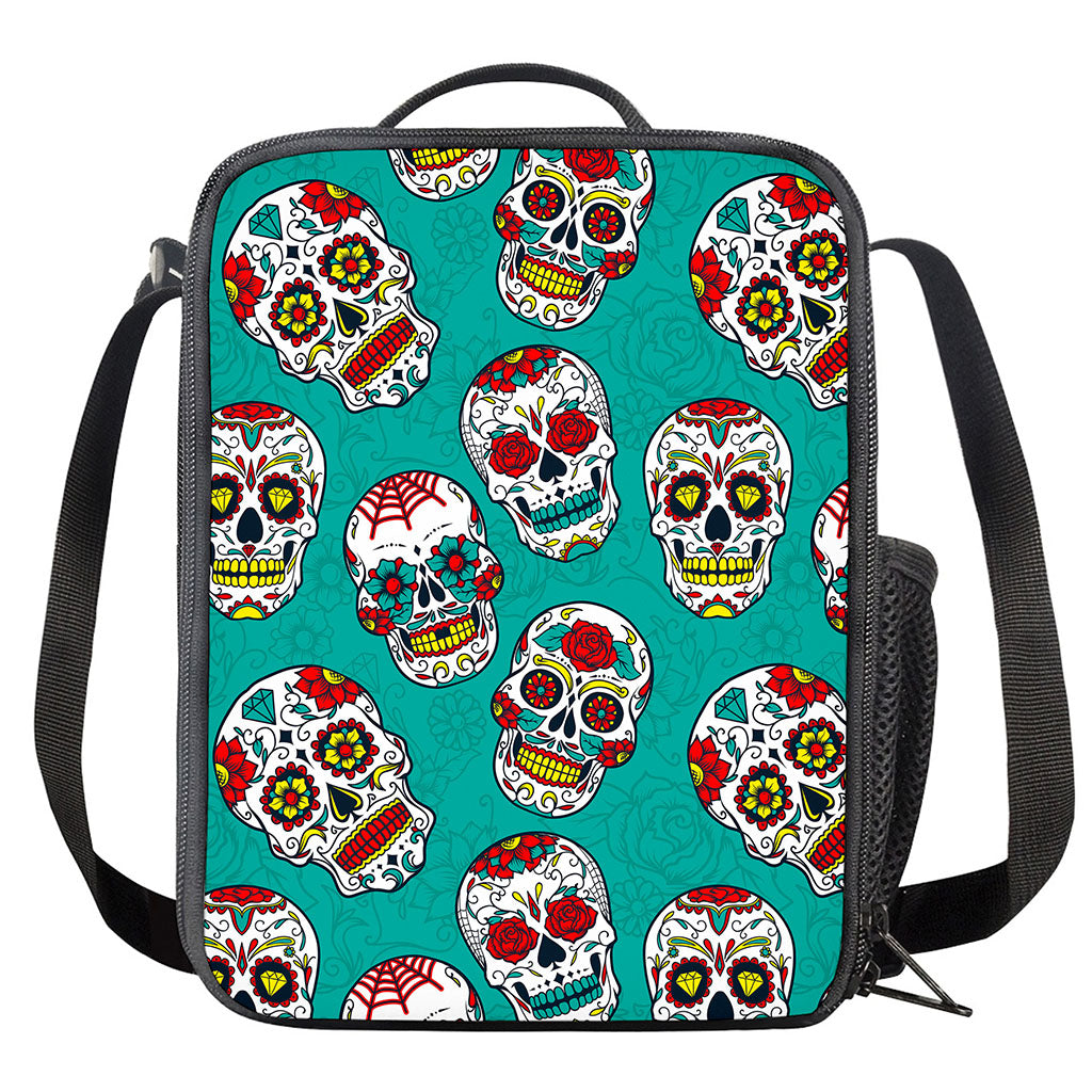 Teal Sugar Skull Pattern Print Crossbody Lunch Bag