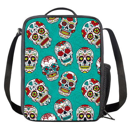 Teal Sugar Skull Pattern Print Crossbody Lunch Bag