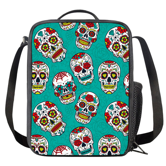 Teal Sugar Skull Pattern Print Crossbody Lunch Bag