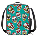 Teal Sugar Skull Pattern Print Crossbody Lunch Bag
