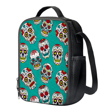 Teal Sugar Skull Pattern Print Crossbody Lunch Bag