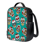 Teal Sugar Skull Pattern Print Crossbody Lunch Bag