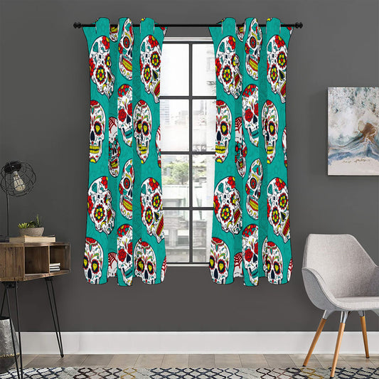 Teal Sugar Skull Pattern Print Curtain