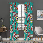 Teal Sugar Skull Pattern Print Curtain