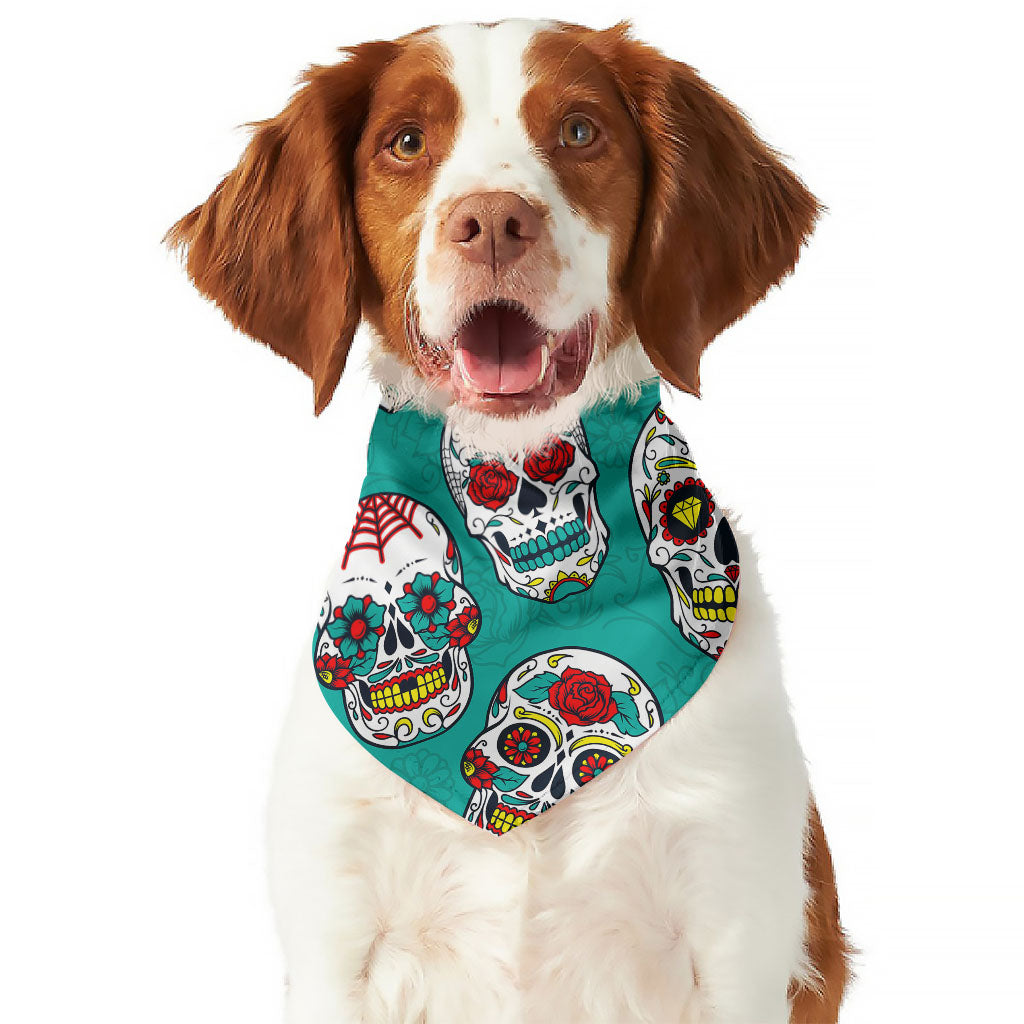 Teal Sugar Skull Pattern Print Dog Bandana