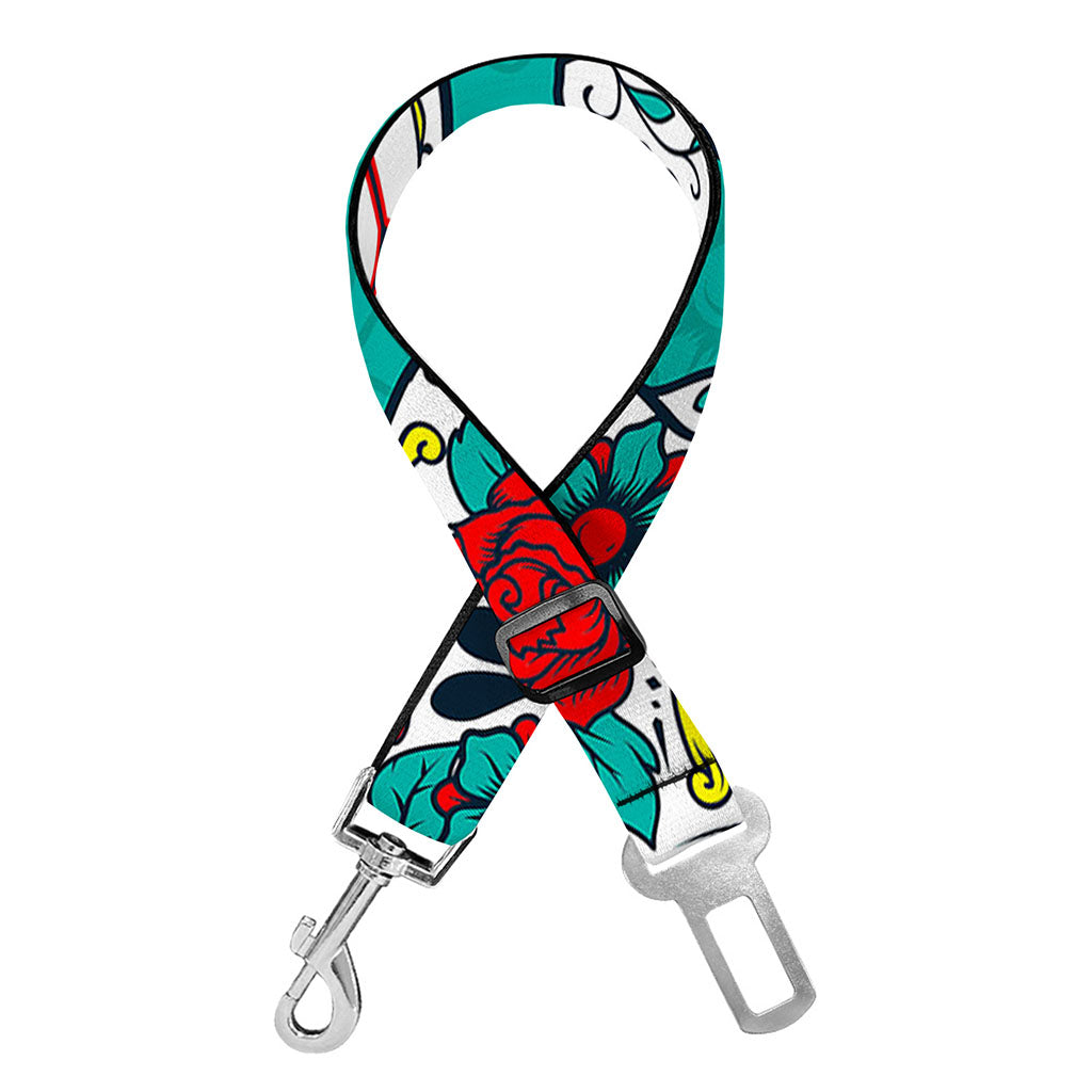 Teal Sugar Skull Pattern Print Dog Seat Belt